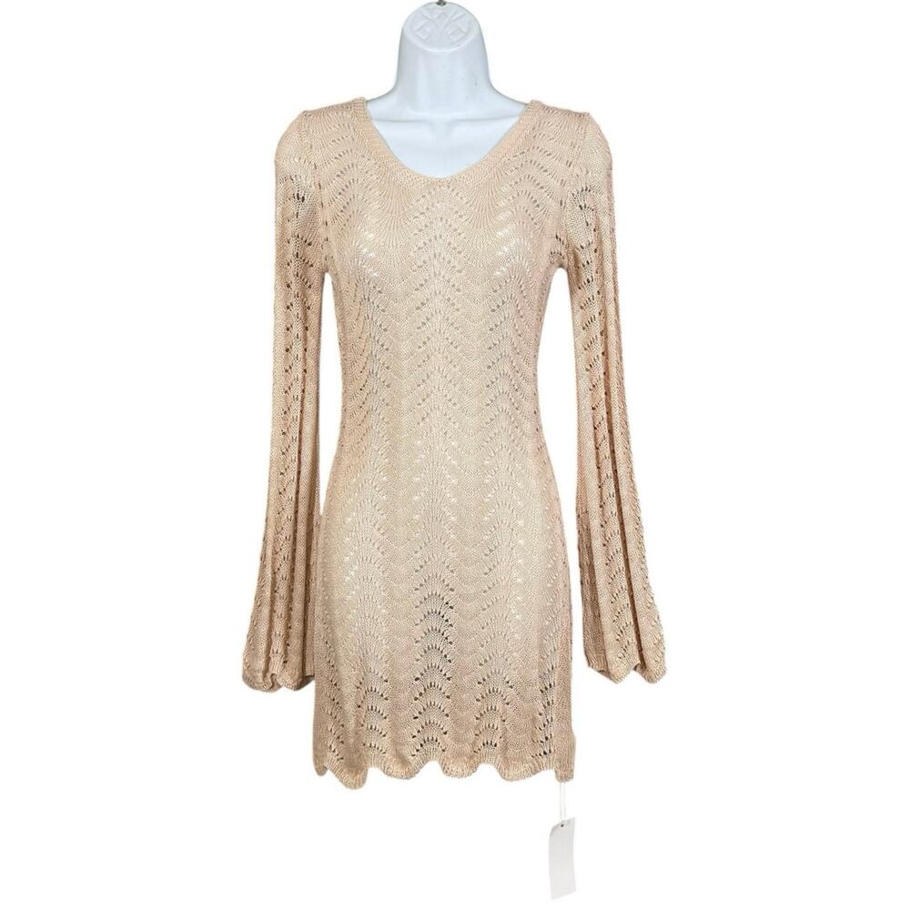 NWT Crochet Knit Mini Dress Open Back Bell Sleeve Boho Festival Small